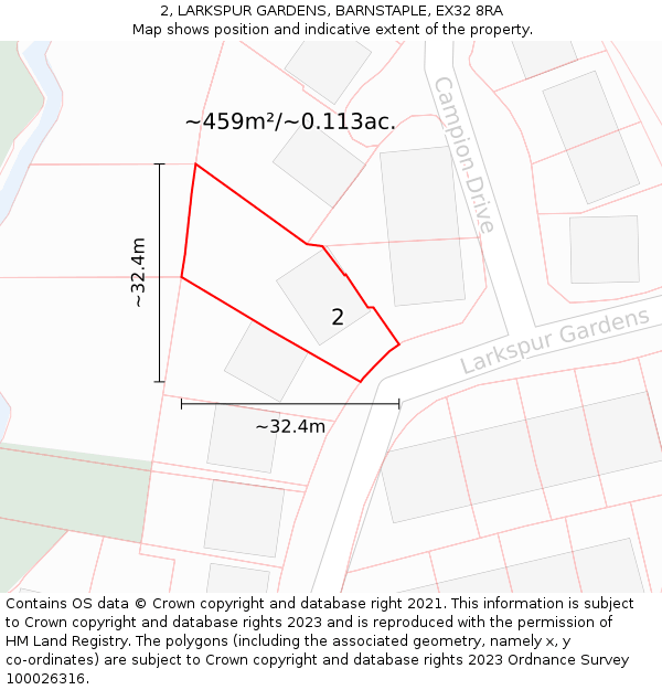 2, LARKSPUR GARDENS, BARNSTAPLE, EX32 8RA: Plot and title map