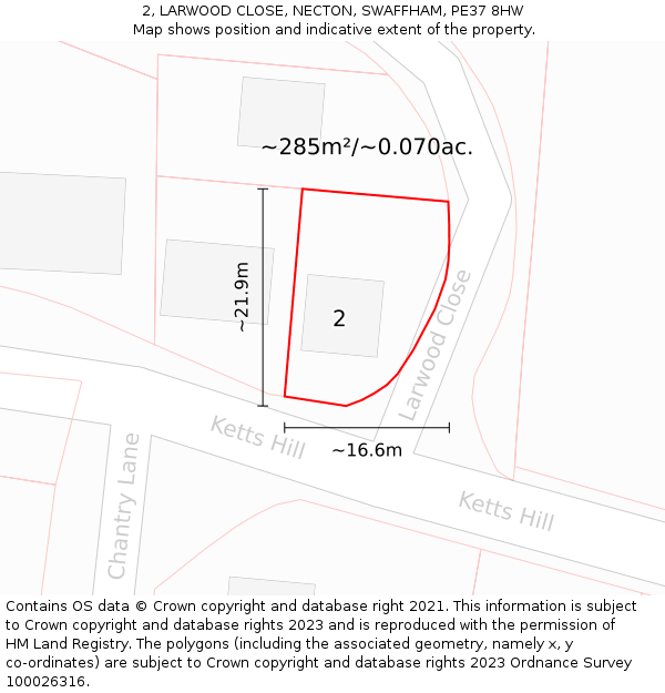 2, LARWOOD CLOSE, NECTON, SWAFFHAM, PE37 8HW: Plot and title map