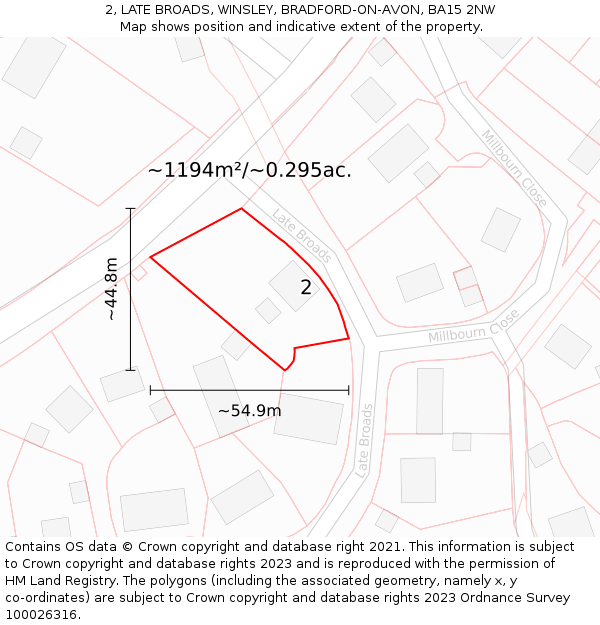 2, LATE BROADS, WINSLEY, BRADFORD-ON-AVON, BA15 2NW: Plot and title map