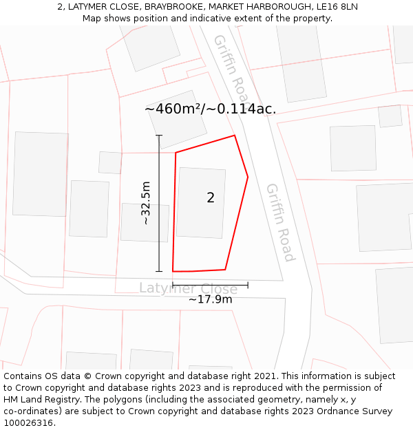 2, LATYMER CLOSE, BRAYBROOKE, MARKET HARBOROUGH, LE16 8LN: Plot and title map