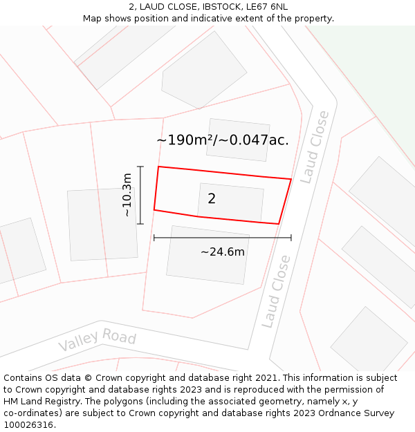 2, LAUD CLOSE, IBSTOCK, LE67 6NL: Plot and title map