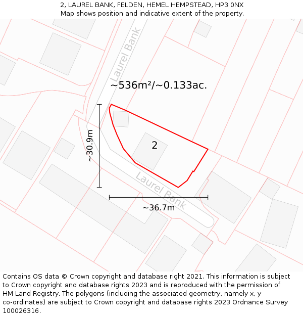 2, LAUREL BANK, FELDEN, HEMEL HEMPSTEAD, HP3 0NX: Plot and title map