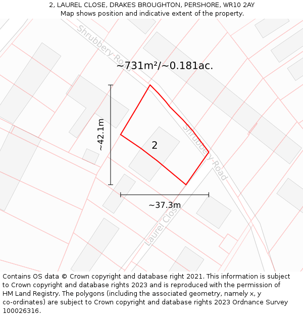 2, LAUREL CLOSE, DRAKES BROUGHTON, PERSHORE, WR10 2AY: Plot and title map