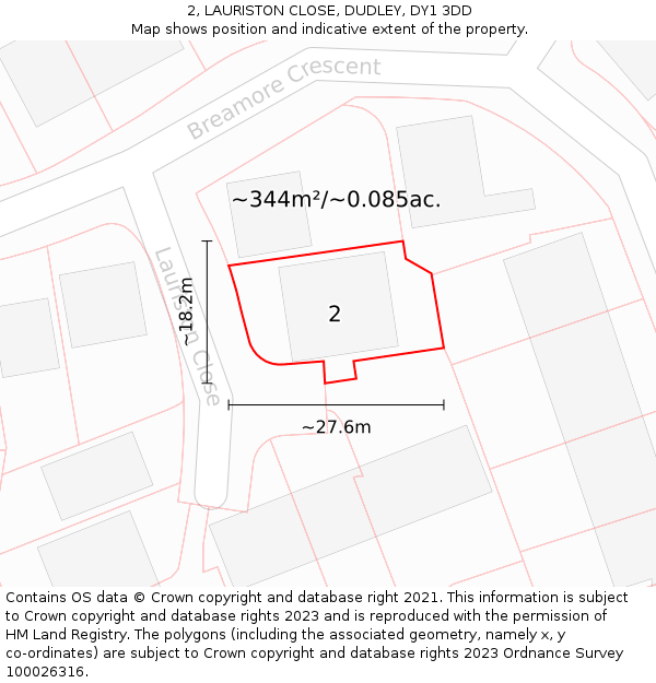 2, LAURISTON CLOSE, DUDLEY, DY1 3DD: Plot and title map