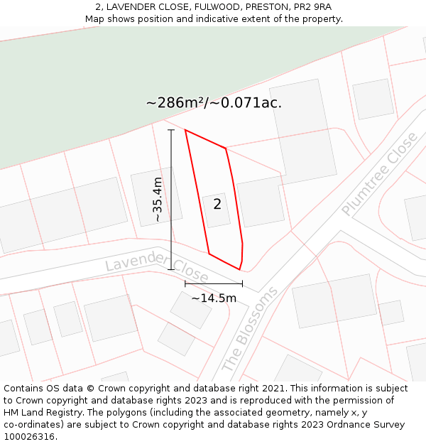 2, LAVENDER CLOSE, FULWOOD, PRESTON, PR2 9RA: Plot and title map