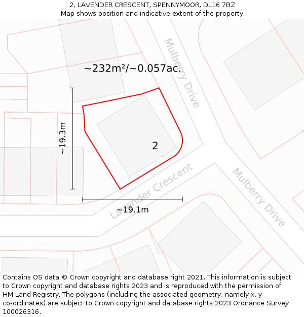 2, LAVENDER CRESCENT, SPENNYMOOR, DL16 7BZ: Plot and title map