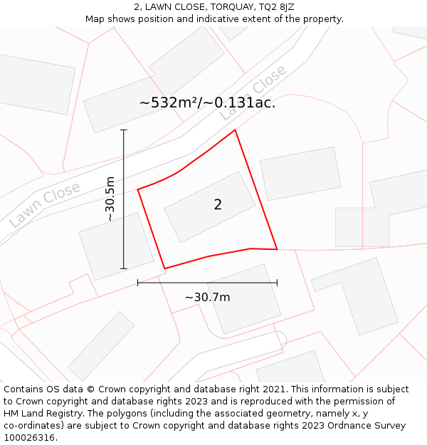 2, LAWN CLOSE, TORQUAY, TQ2 8JZ: Plot and title map