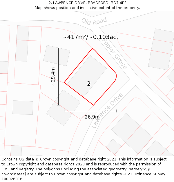 2, LAWRENCE DRIVE, BRADFORD, BD7 4PF: Plot and title map