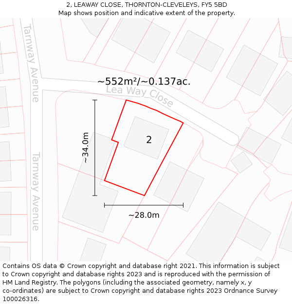 2, LEAWAY CLOSE, THORNTON-CLEVELEYS, FY5 5BD: Plot and title map