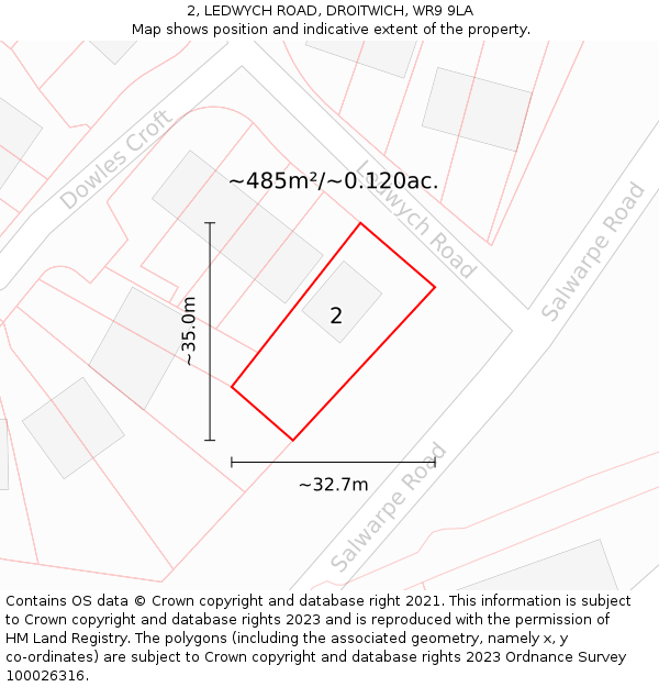 2, LEDWYCH ROAD, DROITWICH, WR9 9LA: Plot and title map