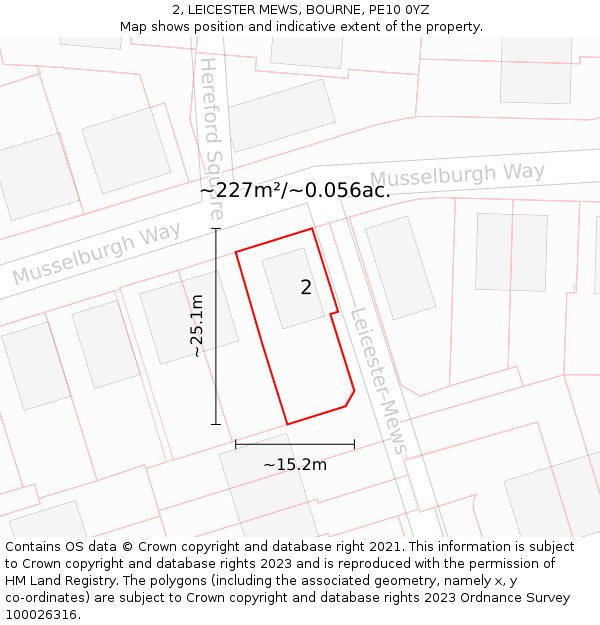 2, LEICESTER MEWS, BOURNE, PE10 0YZ: Plot and title map