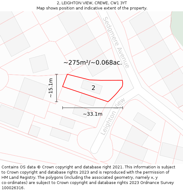 2, LEIGHTON VIEW, CREWE, CW1 3YT: Plot and title map