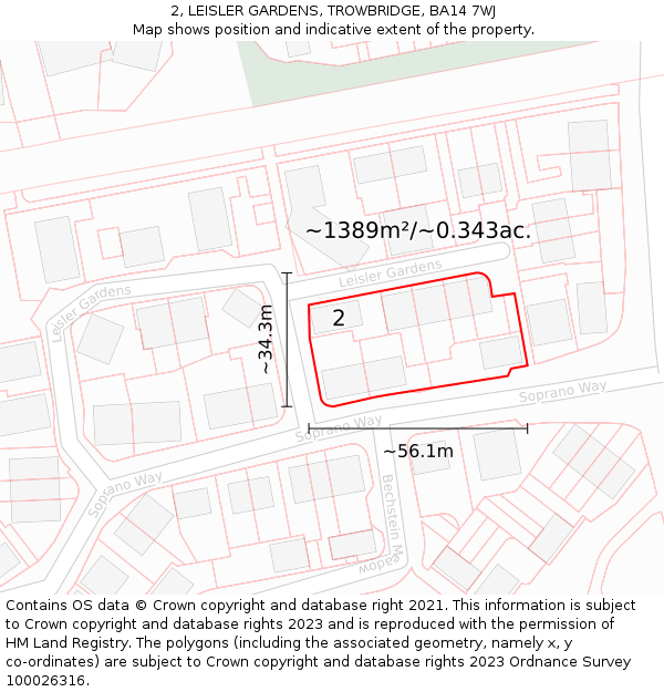 2, LEISLER GARDENS, TROWBRIDGE, BA14 7WJ: Plot and title map