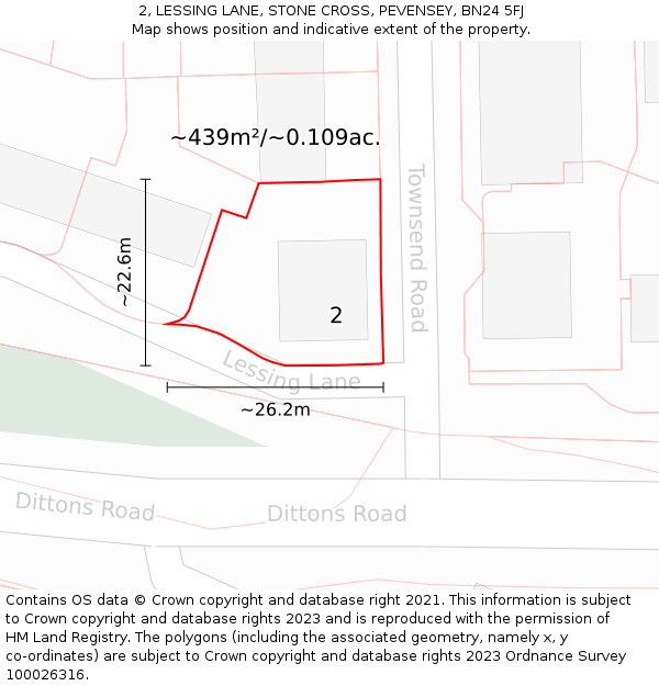 2, LESSING LANE, STONE CROSS, PEVENSEY, BN24 5FJ: Plot and title map