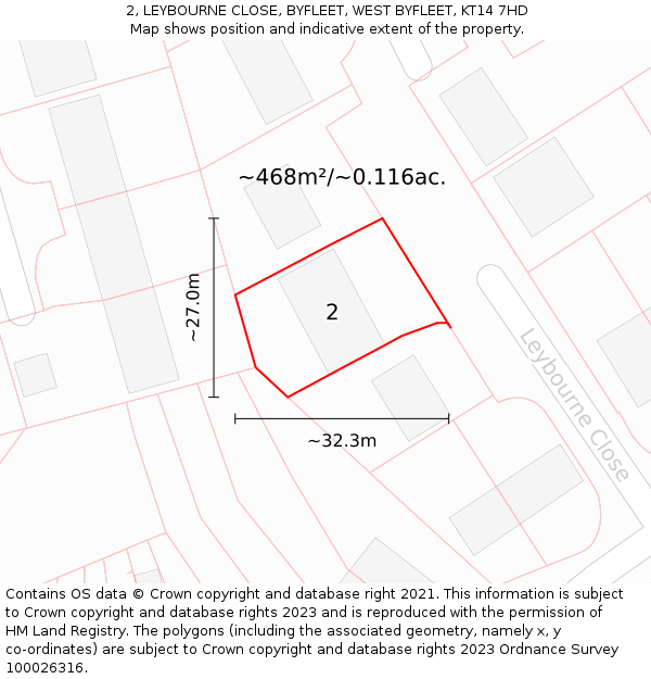 2, LEYBOURNE CLOSE, BYFLEET, WEST BYFLEET, KT14 7HD: Plot and title map