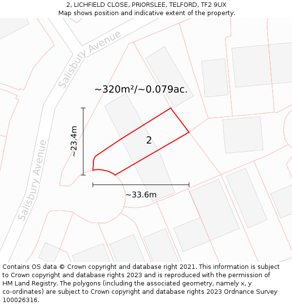 2, LICHFIELD CLOSE, PRIORSLEE, TELFORD, TF2 9UX: Plot and title map