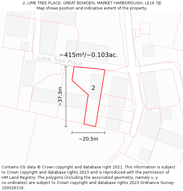 2, LIME TREE PLACE, GREAT BOWDEN, MARKET HARBOROUGH, LE16 7JE: Plot and title map