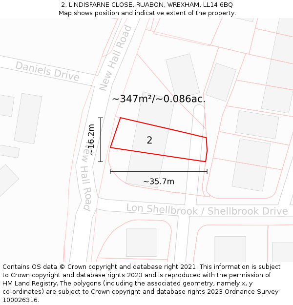 2, LINDISFARNE CLOSE, RUABON, WREXHAM, LL14 6BQ: Plot and title map