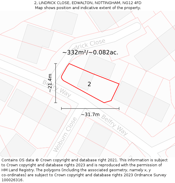 2, LINDRICK CLOSE, EDWALTON, NOTTINGHAM, NG12 4FD: Plot and title map