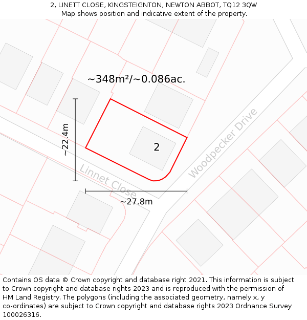 2, LINETT CLOSE, KINGSTEIGNTON, NEWTON ABBOT, TQ12 3QW: Plot and title map