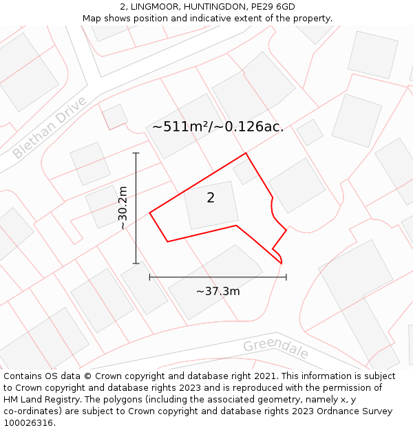 2, LINGMOOR, HUNTINGDON, PE29 6GD: Plot and title map