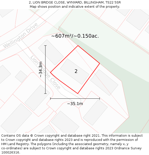 2, LION BRIDGE CLOSE, WYNYARD, BILLINGHAM, TS22 5SR: Plot and title map