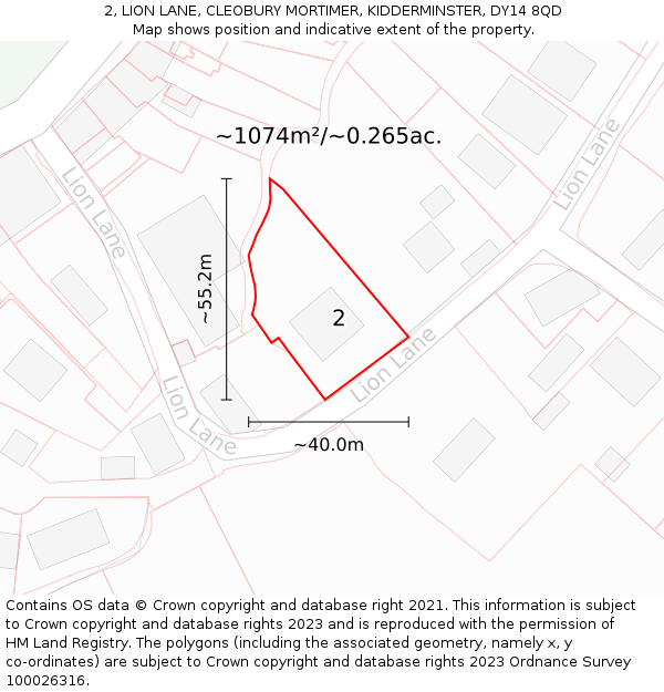 2, LION LANE, CLEOBURY MORTIMER, KIDDERMINSTER, DY14 8QD: Plot and title map