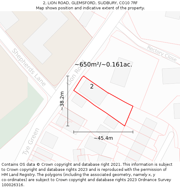 2, LION ROAD, GLEMSFORD, SUDBURY, CO10 7RF: Plot and title map