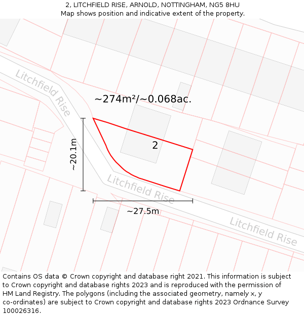 2, LITCHFIELD RISE, ARNOLD, NOTTINGHAM, NG5 8HU: Plot and title map