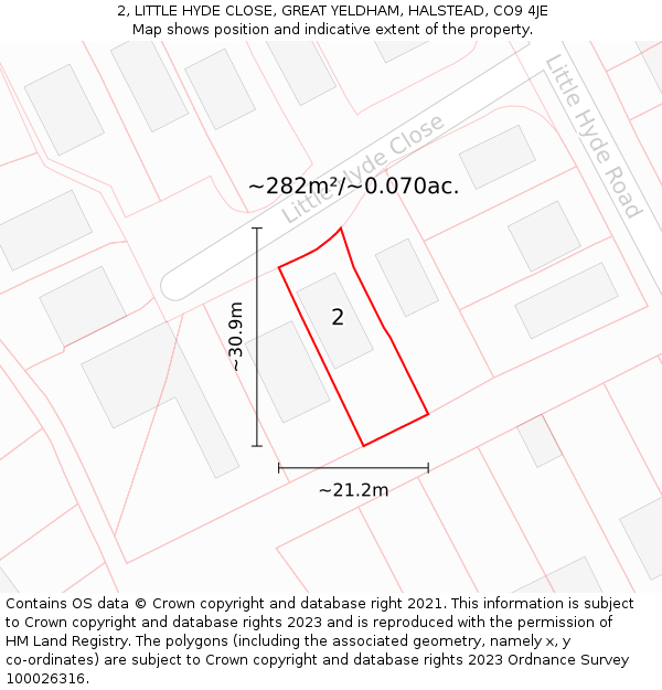 2, LITTLE HYDE CLOSE, GREAT YELDHAM, HALSTEAD, CO9 4JE: Plot and title map