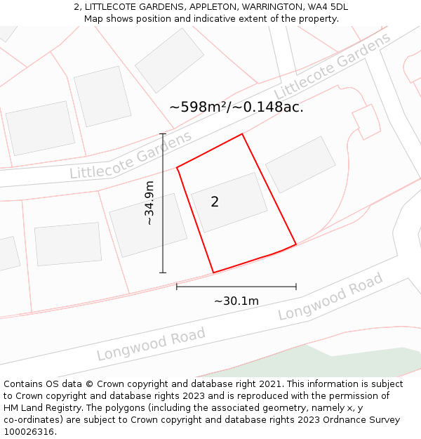 2, LITTLECOTE GARDENS, APPLETON, WARRINGTON, WA4 5DL: Plot and title map