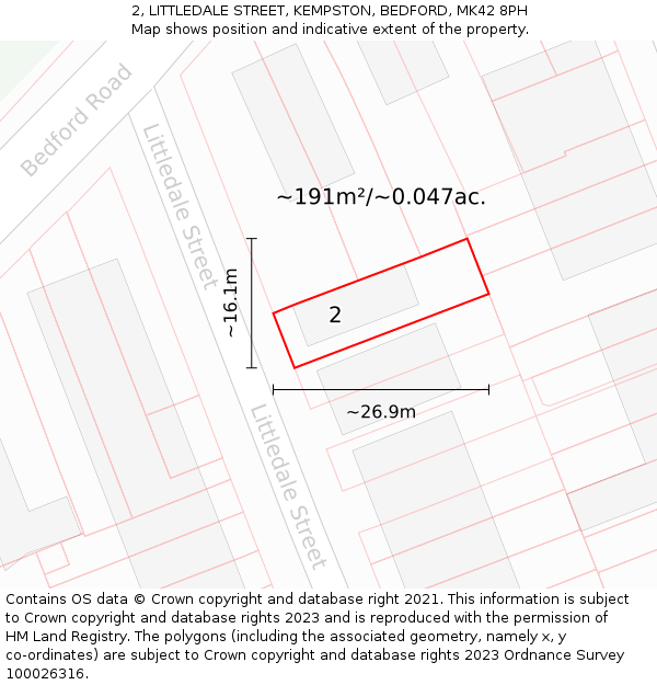 2, LITTLEDALE STREET, KEMPSTON, BEDFORD, MK42 8PH: Plot and title map