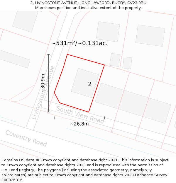 2, LIVINGSTONE AVENUE, LONG LAWFORD, RUGBY, CV23 9BU: Plot and title map