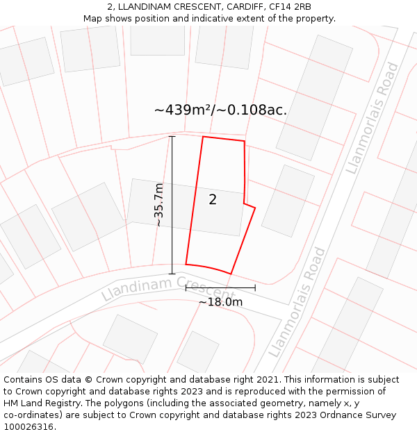 2, LLANDINAM CRESCENT, CARDIFF, CF14 2RB: Plot and title map