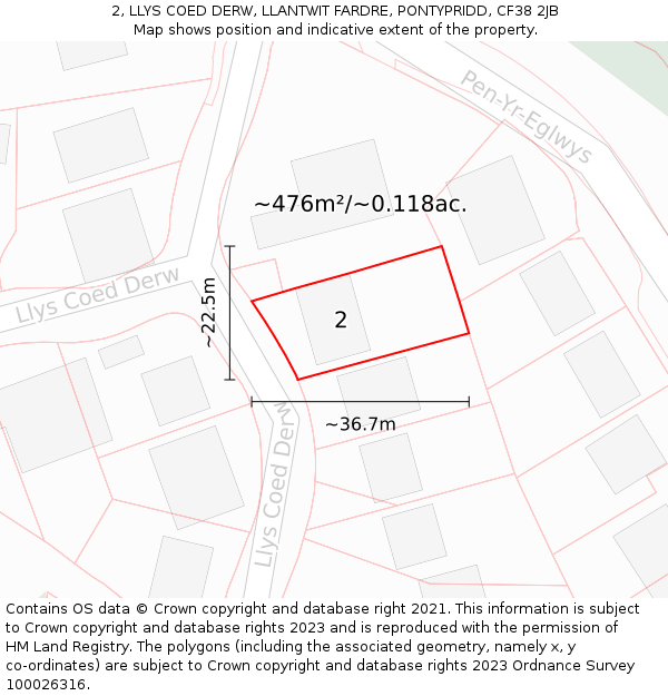 2, LLYS COED DERW, LLANTWIT FARDRE, PONTYPRIDD, CF38 2JB: Plot and title map