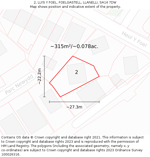 2, LLYS Y FOEL, FOELGASTELL, LLANELLI, SA14 7DW: Plot and title map