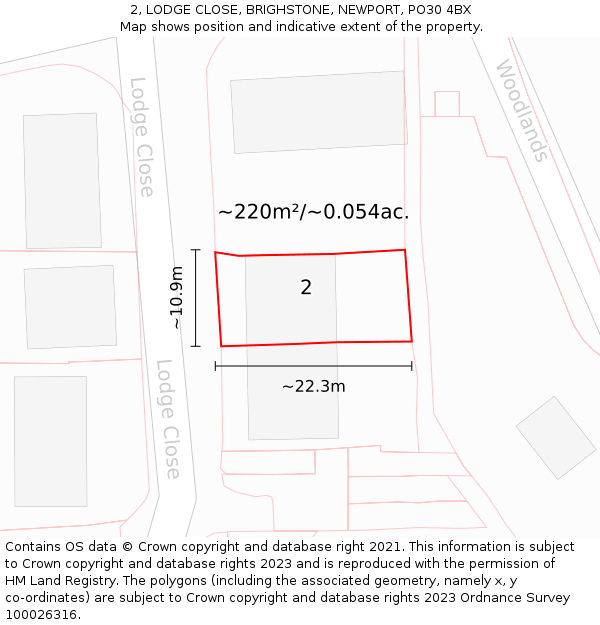 2, LODGE CLOSE, BRIGHSTONE, NEWPORT, PO30 4BX: Plot and title map