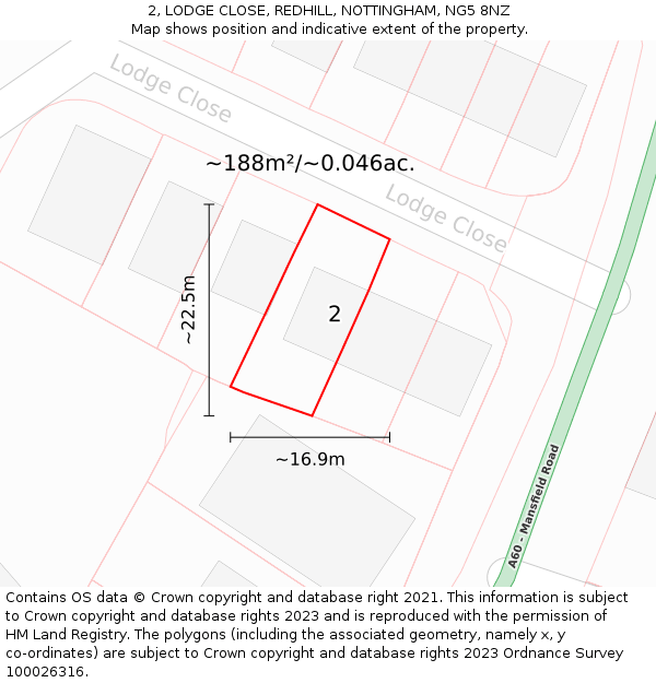 2, LODGE CLOSE, REDHILL, NOTTINGHAM, NG5 8NZ: Plot and title map