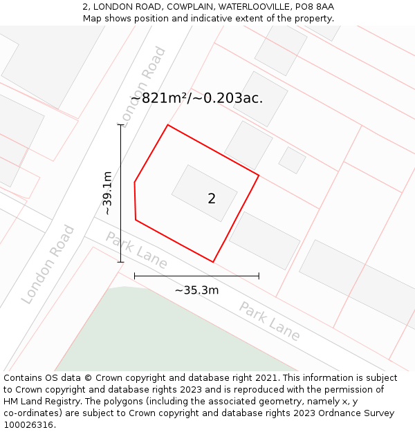 2, LONDON ROAD, COWPLAIN, WATERLOOVILLE, PO8 8AA: Plot and title map