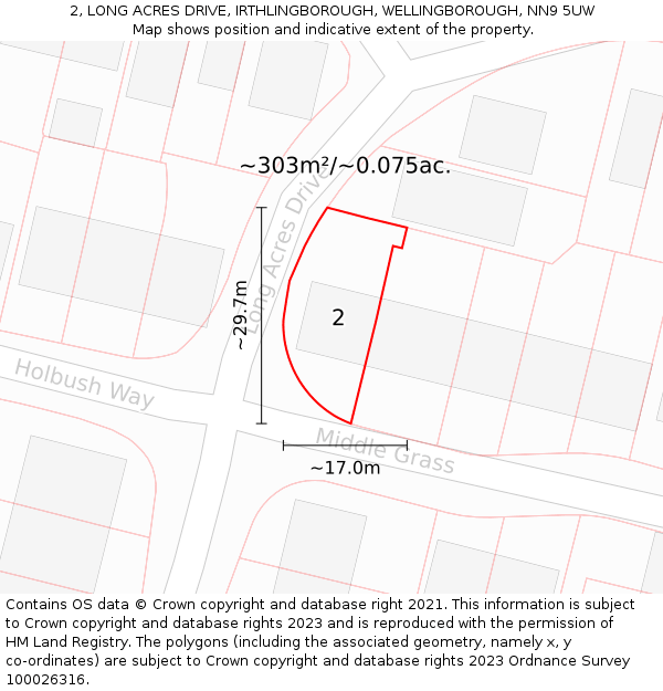 2, LONG ACRES DRIVE, IRTHLINGBOROUGH, WELLINGBOROUGH, NN9 5UW: Plot and title map