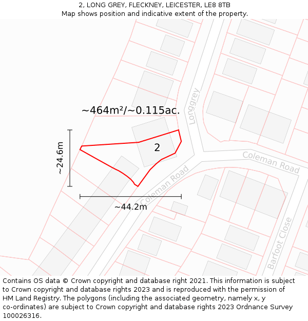 2, LONG GREY, FLECKNEY, LEICESTER, LE8 8TB: Plot and title map