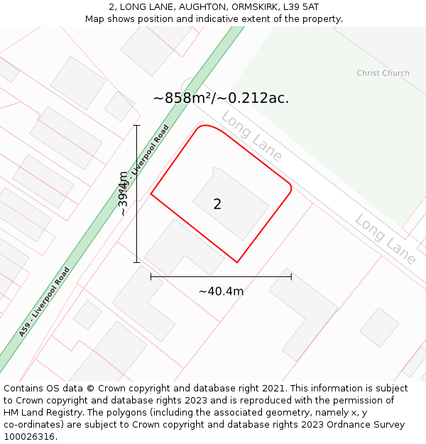 2, LONG LANE, AUGHTON, ORMSKIRK, L39 5AT: Plot and title map