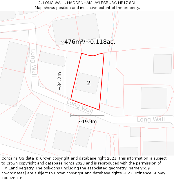 2, LONG WALL, HADDENHAM, AYLESBURY, HP17 8DL: Plot and title map