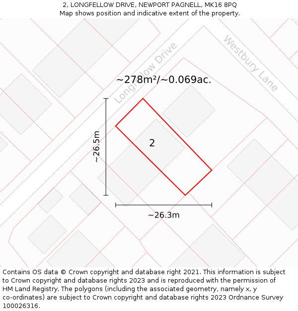 2, LONGFELLOW DRIVE, NEWPORT PAGNELL, MK16 8PQ: Plot and title map