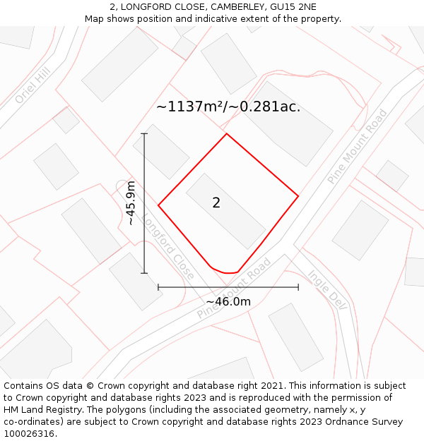 2, LONGFORD CLOSE, CAMBERLEY, GU15 2NE: Plot and title map