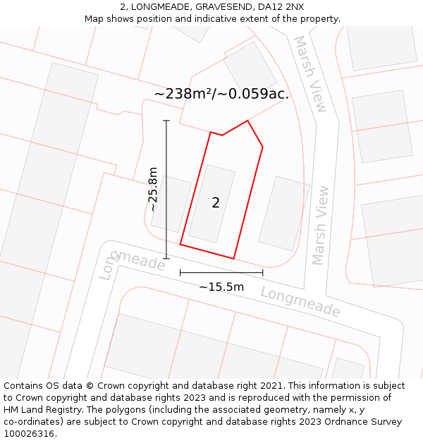 2, LONGMEADE, GRAVESEND, DA12 2NX: Plot and title map