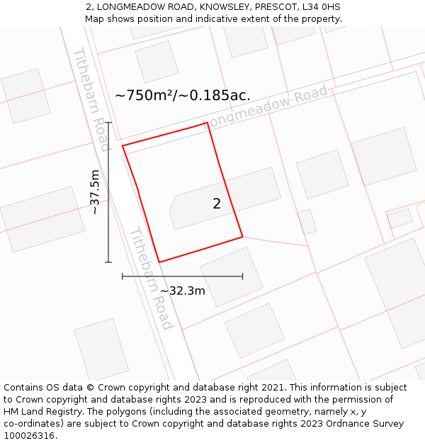 2, LONGMEADOW ROAD, KNOWSLEY, PRESCOT, L34 0HS: Plot and title map