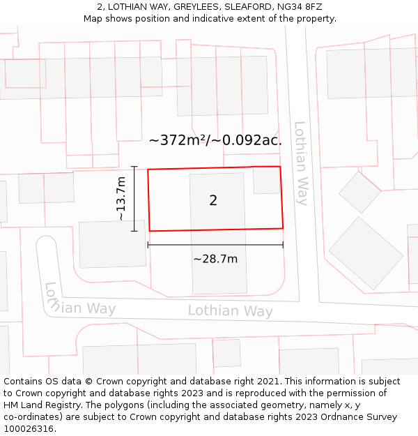 2, LOTHIAN WAY, GREYLEES, SLEAFORD, NG34 8FZ: Plot and title map