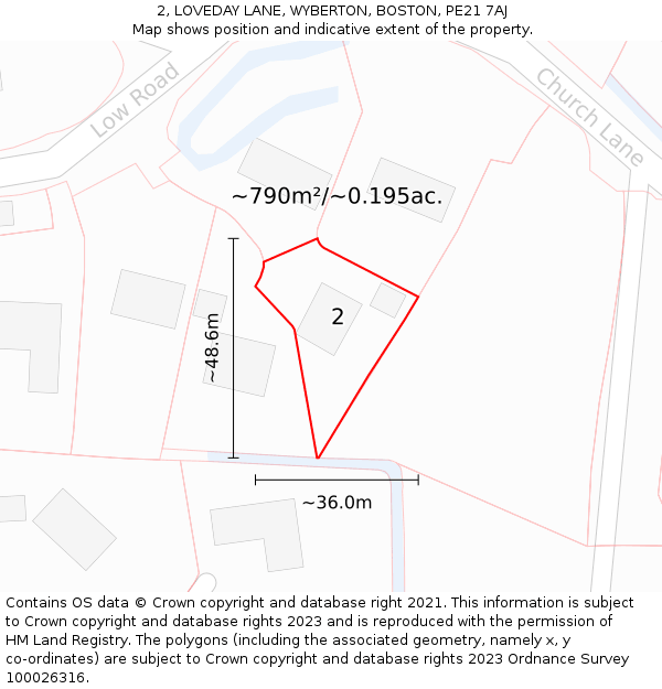 2, LOVEDAY LANE, WYBERTON, BOSTON, PE21 7AJ: Plot and title map