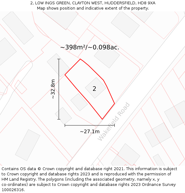 2, LOW INGS GREEN, CLAYTON WEST, HUDDERSFIELD, HD8 9XA: Plot and title map